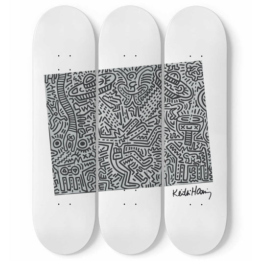 Keith Haring - Untitled - Black & White - 3-piece Skateboard Wall Art