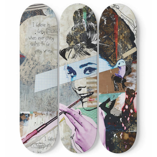 Audrey Hepburn Artwork 11 | 3-piece Skateboard Wall Art | Made with Maple Wood | Wall Hanging Decoration | Best Unique Gift for Home Decor