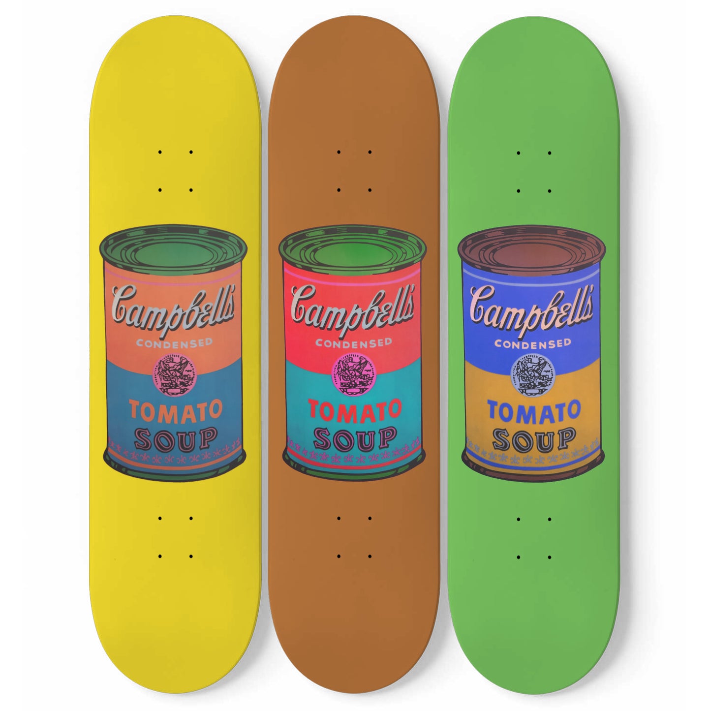 Coloured Retro Campbell Soup, Andy Warhol Inspired 3-piece Skateboard Wall Art