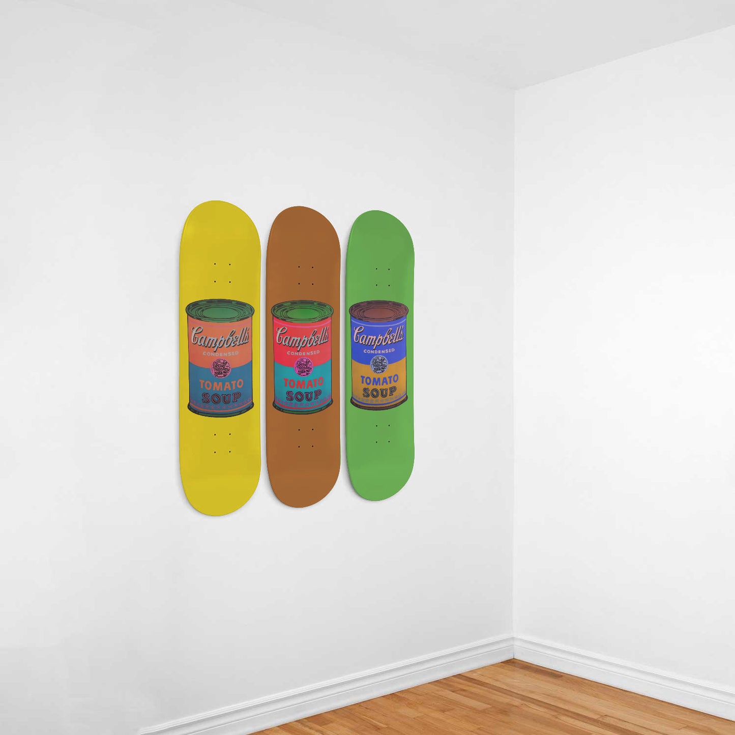 Coloured Retro Campbell Soup, Andy Warhol Inspired 3-piece Skateboard Wall Art