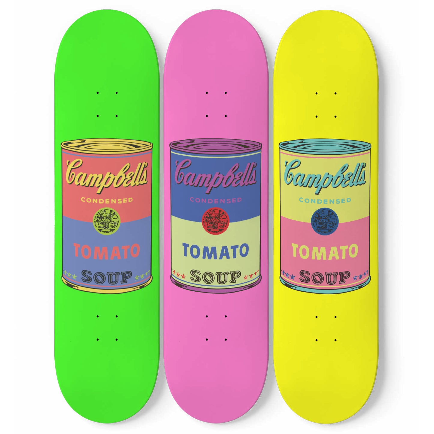 Skateboard Retro Pop Art Wall Art | Neon Campbell's Soup 3 Piece Skateboard Deck