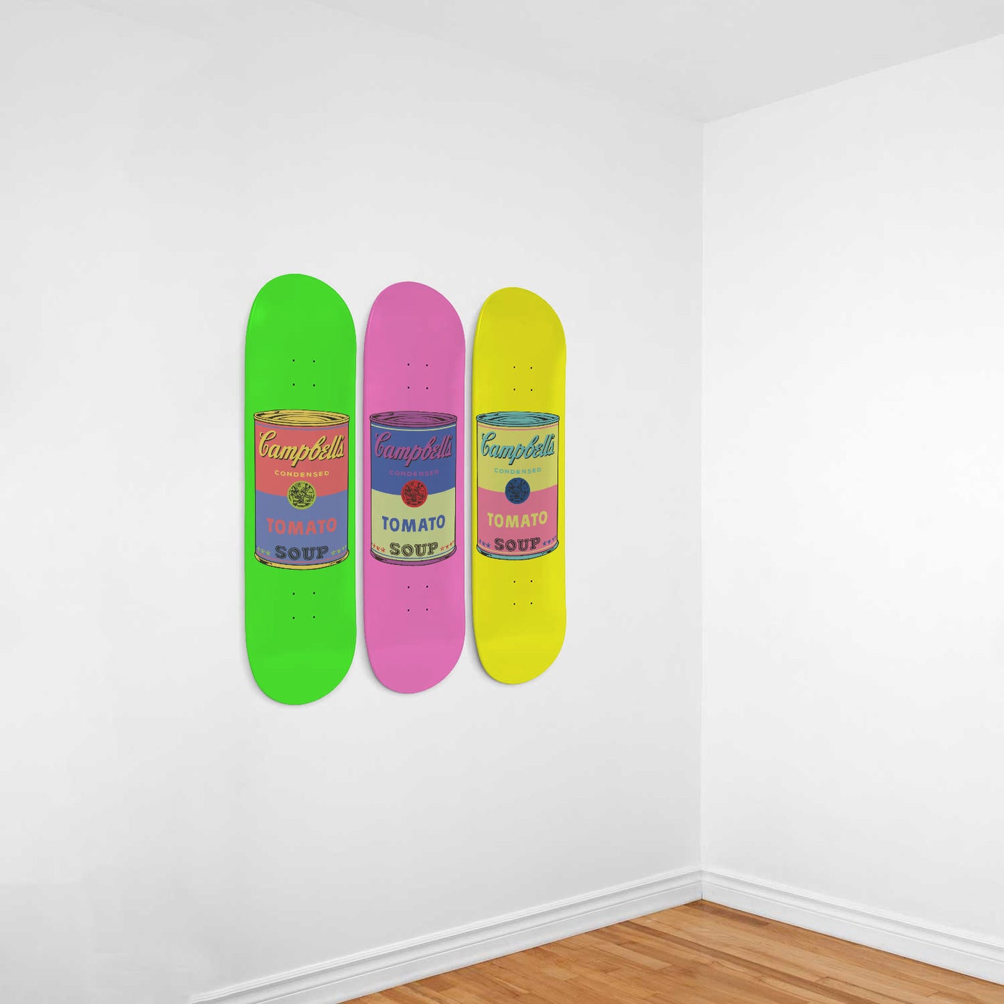 Skateboard Retro Pop Art Wall Art | Neon Campbell's Soup 3 Piece Skateboard Deck