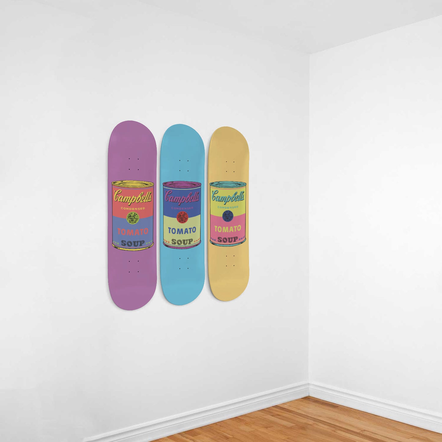 Skateboard Retro Pop Art Wall Art | 3-Pastel Coloured Campbell Soup 3 Piece Skateboard Deck