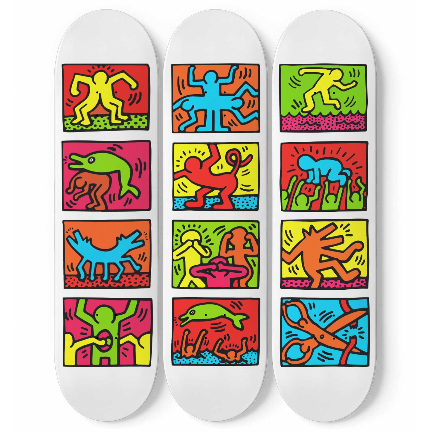 Keith Haring - Tuttomondo II Inspired Black 3-piece Skateboard Wall Art