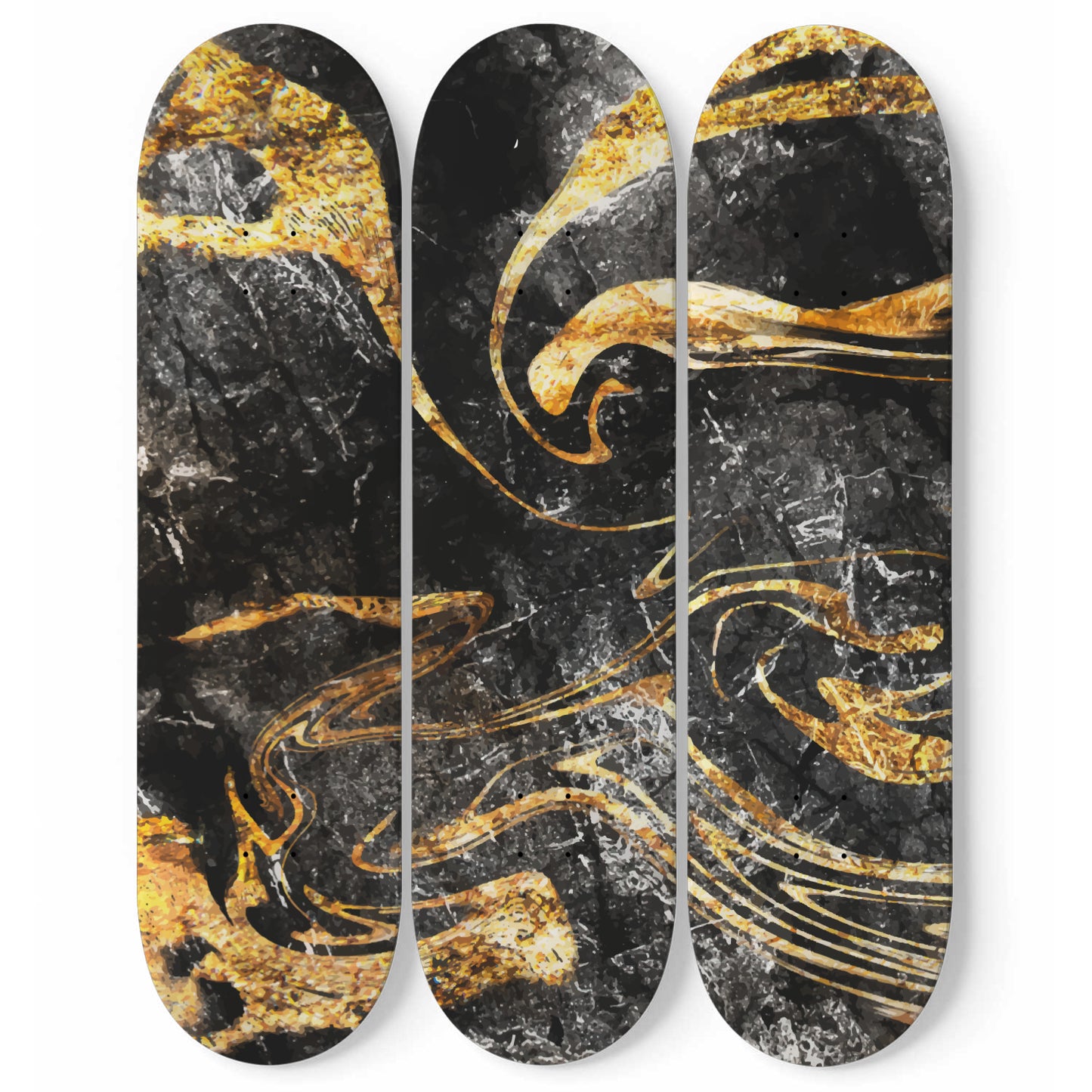 Gold Sheen Obsidian Liquid Marble Wall Art - Black & Gold - 3-piece Skateboard Wall Art