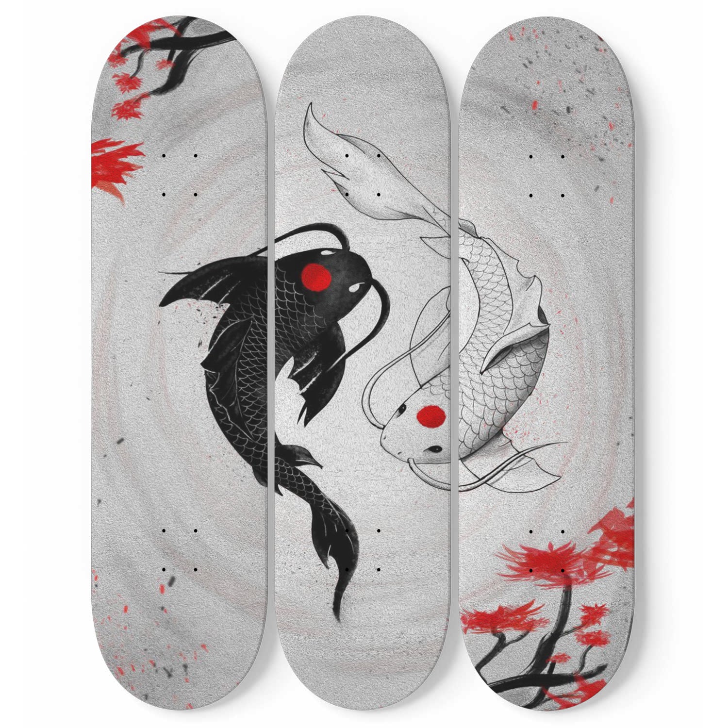 Koi Fish Yin and Yang 3-piece Skateboard Wall Art | Black & White Koi Fish