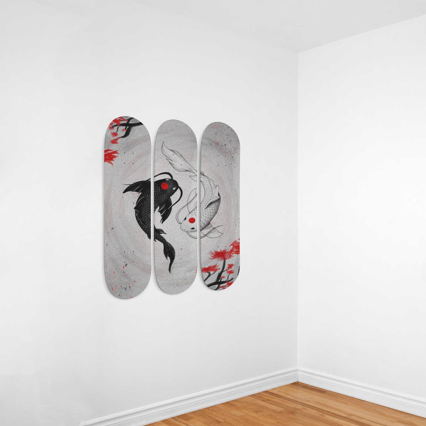 Koi Fish Yin and Yang 3-piece Skateboard Wall Art | Black & White Koi Fish