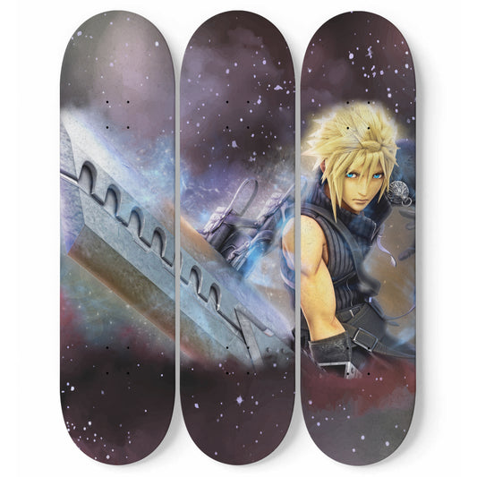 Final Fantasy 7 - Cloud Strife With Buster Sword Painting, 3-piece Skateboard Wall Art