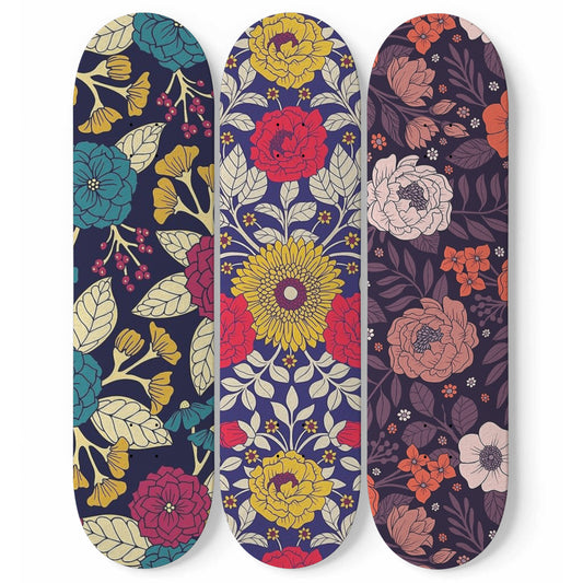 Colorful Floral, Modern Floral & Coral Pattern | 3 piece Skateboard Art