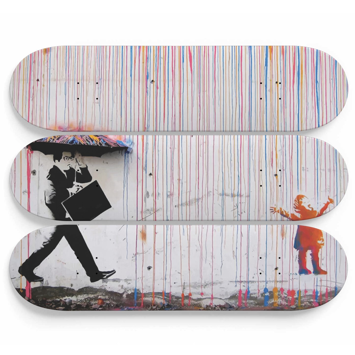 Banksy Colored Rain | 3 piece Skateboard Wall Art