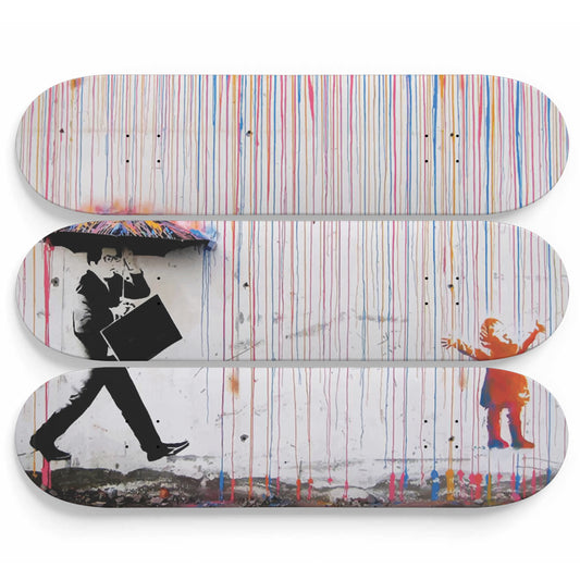 Banksy Colored Rain | 3 piece Skateboard Wall Art