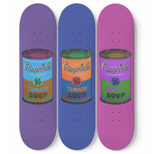 Campbell Soup Retro Pop Art, Andy Warhol Inspired 3-piece Skateboard Wall Art