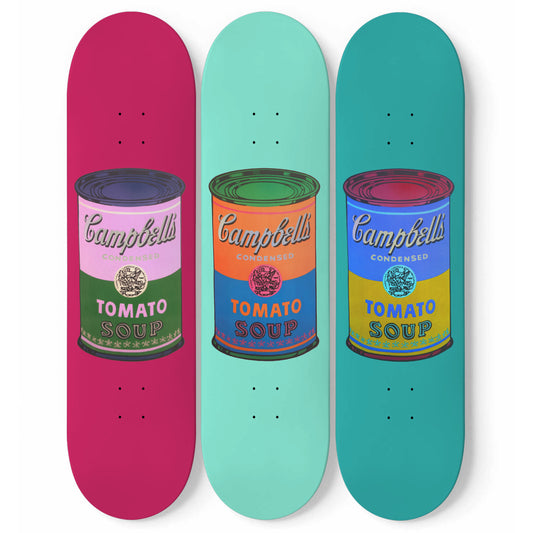 Retro Pop Art Colored Campbell Soup - Andy Warhol Inspired 3-piece Skateboard Wall Art