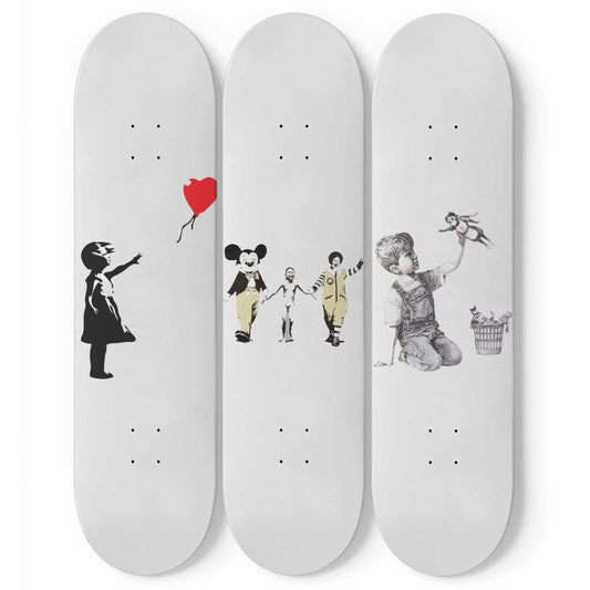 Banksy - Mixed Art | White Background- 3-piece Skateboard Wall Art