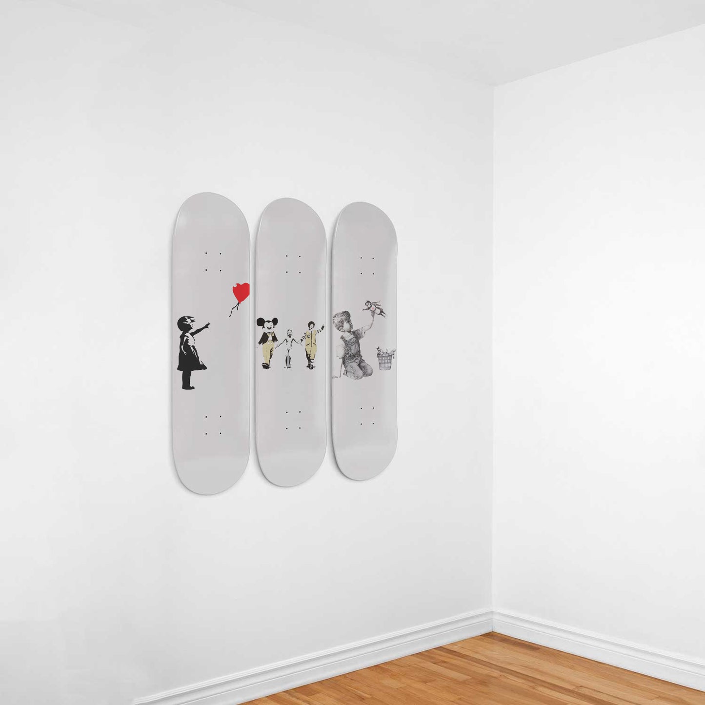 Banksy - Mixed Art | White Background- 3-piece Skateboard Wall Art