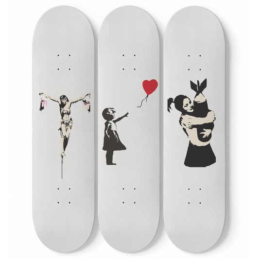 Banksy - Mixed Art | White Background- 3-piece Skateboard Wall Art