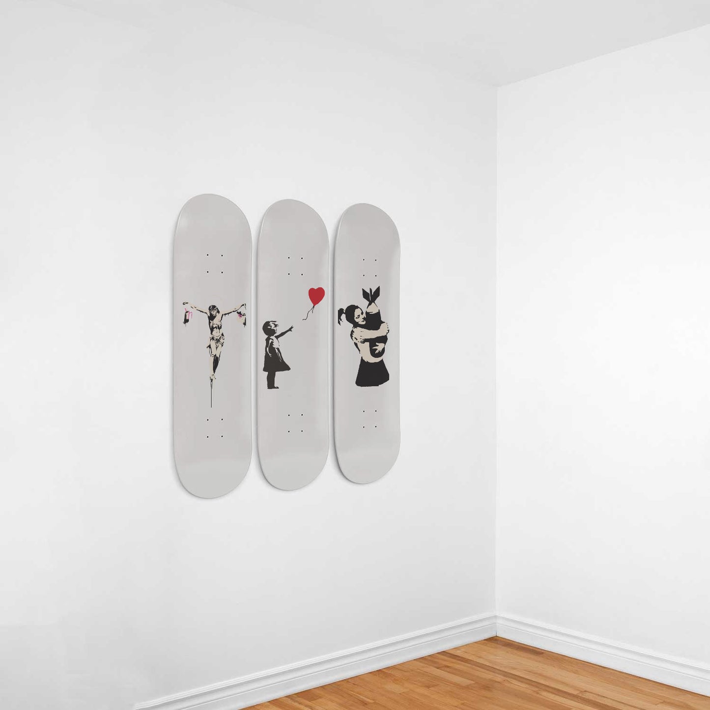 Banksy - Mixed Art | White Background- 3-piece Skateboard Wall Art