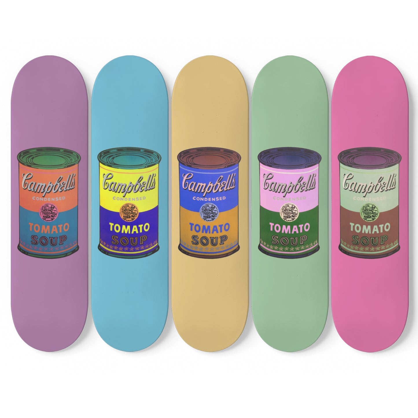 Skateboard Retro Pop Art Wall Art | 5-Pastel Coloured Campbel Soup | 5 piece Skateboard Art
