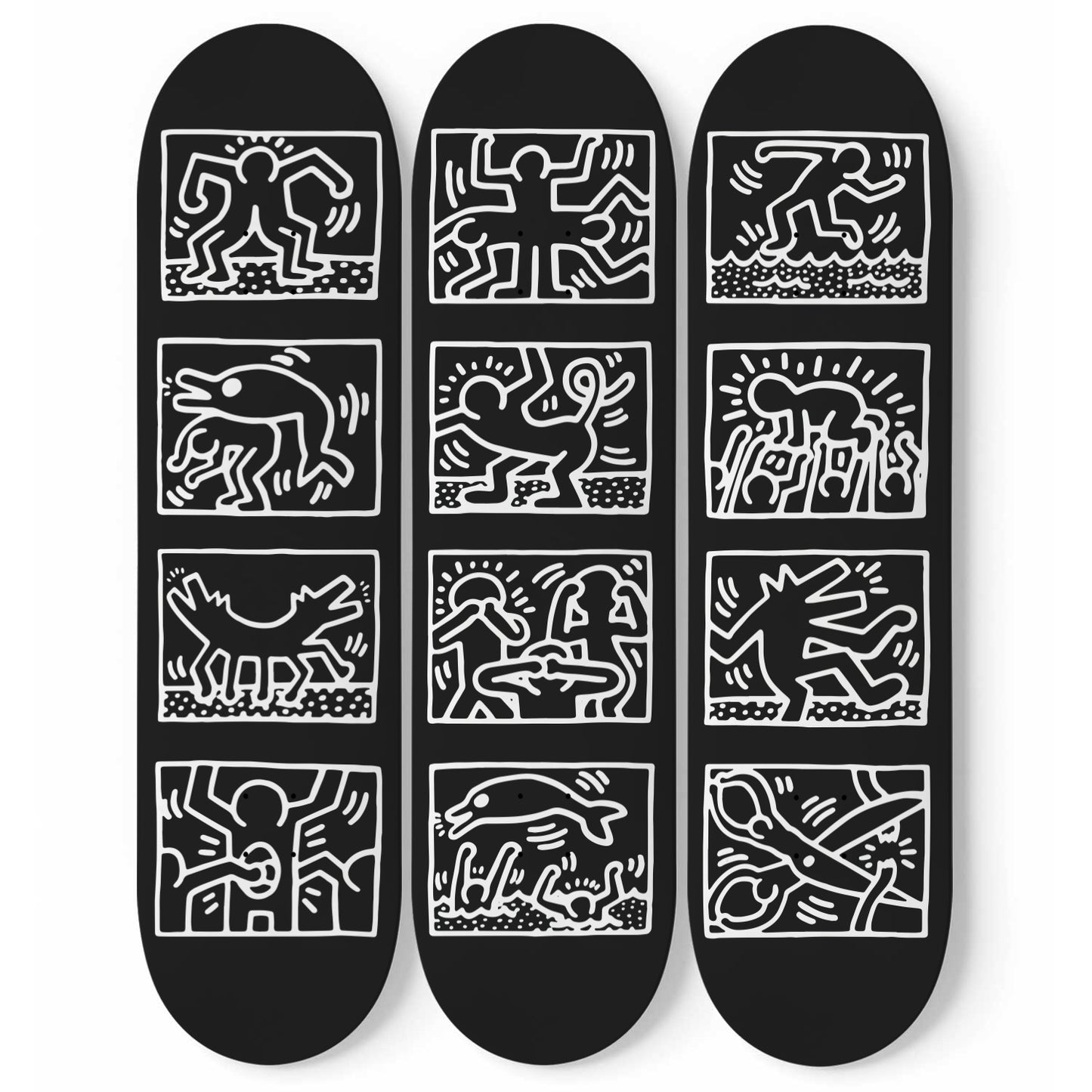 Keith Haring - 1989 Retrospect Black and White Edition - 3 Piece Skateboard Wall Art