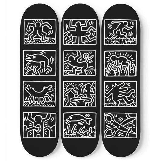 Keith Haring - 1989 Retrospect Black and White Edition - 3 Piece Skateboard Wall Art