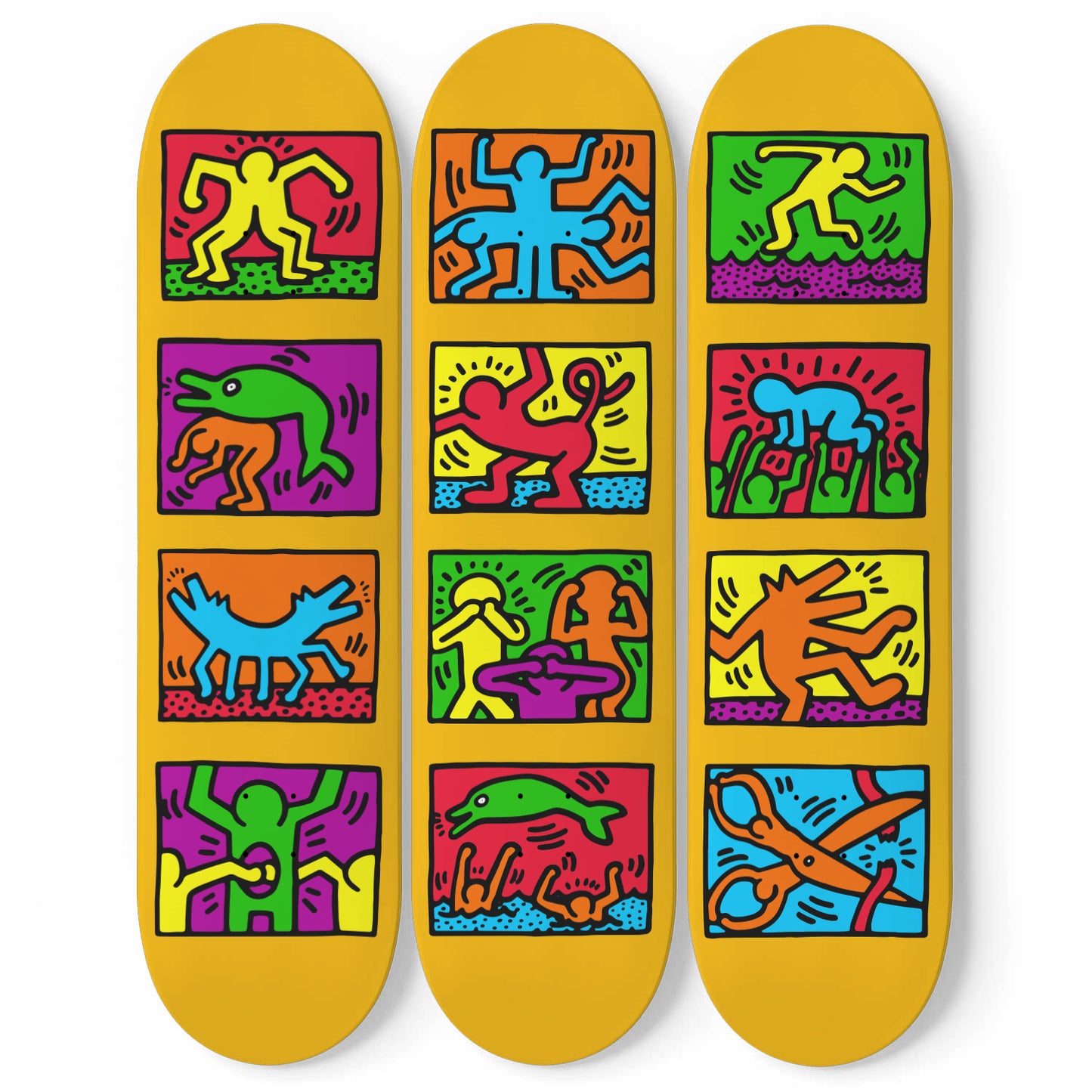 Keith Haring - 1989 Retrospect Colourful Design Art- 3 Piece Skateboard Wall Art