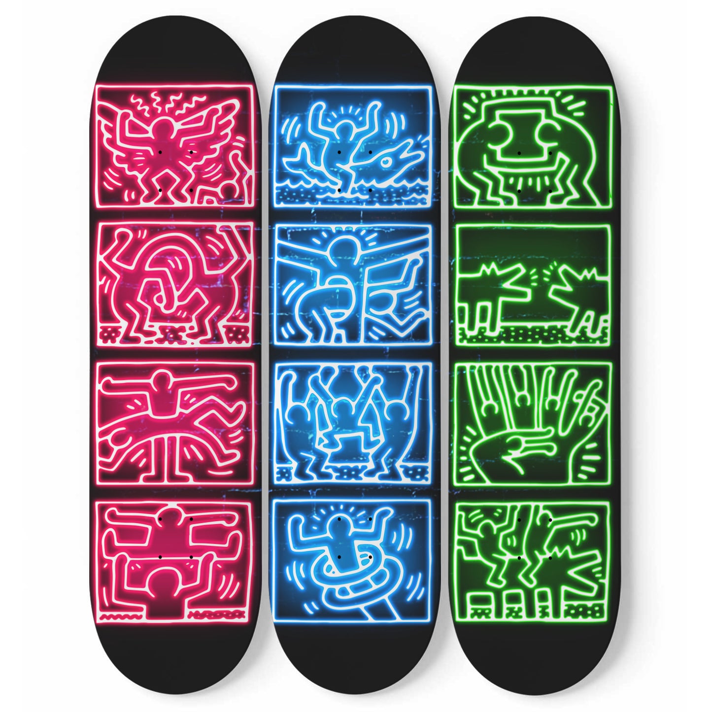 Keith Haring - 1989 Retrospect in Neon Style -3 Piece Skateboard Wall Art