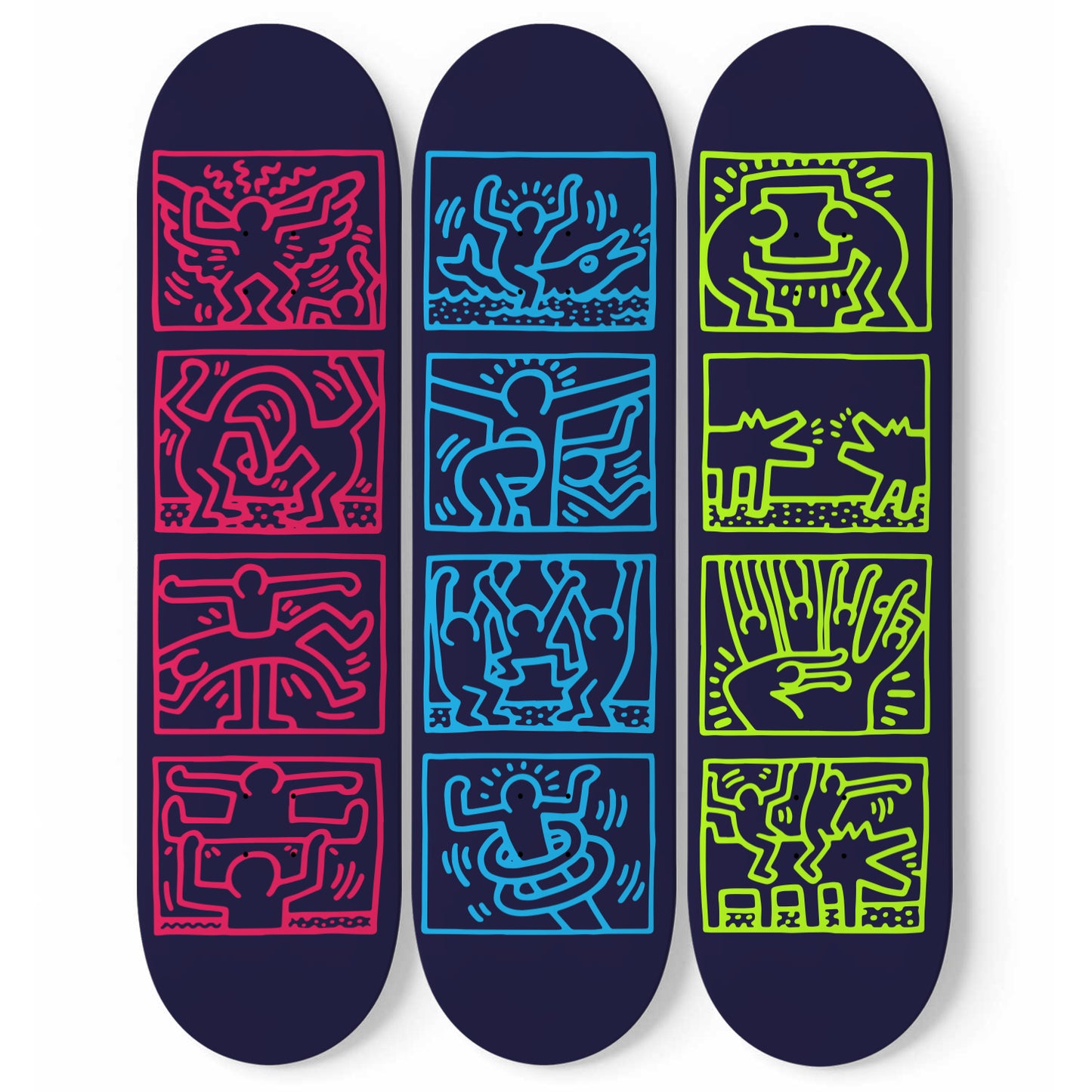 Keith Haring - 1989 Retrospect 3 Neo Colours Design Art - 3 Piece Skateboard Wall Art