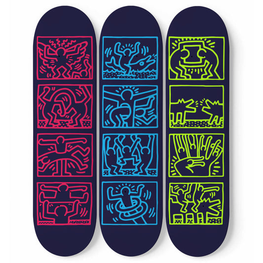 Keith Haring - 1989 Retrospect 3 Neo Colours Design Art - 3 Piece Skateboard Wall Art