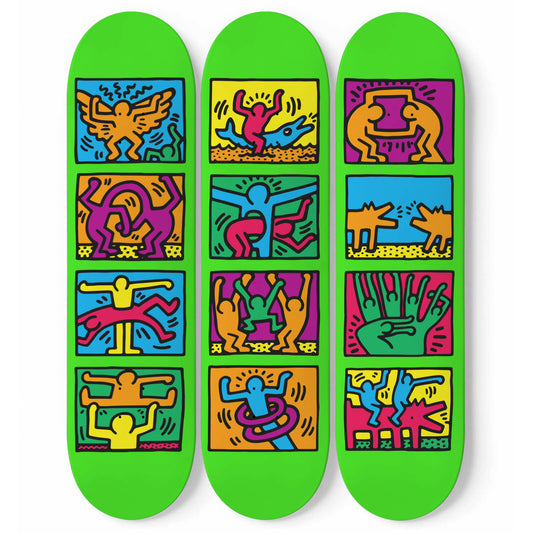 Keith Haring - 1989 Retrospect in Neo Green Background -3 Piece Skateboard Wall Art