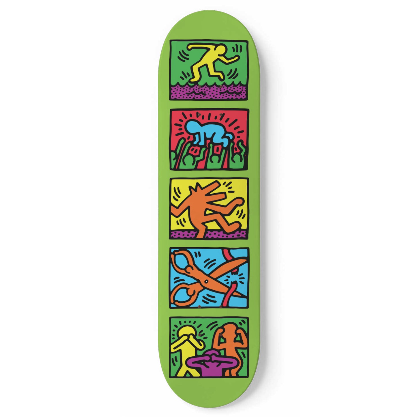 Keith Haring - 1989 Retrospect in Neo Green Background -Skateboard Wall Art