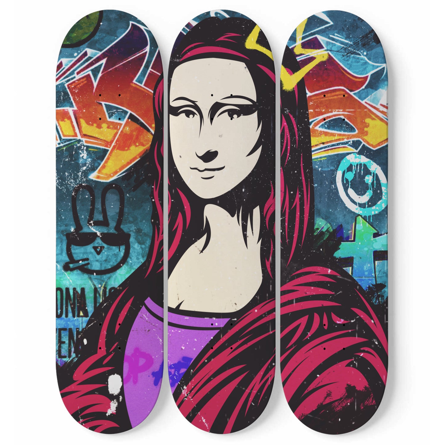 Mona Lisa Banksy | Wall Art - Mona Lisa Painting Inspired | Banksy inspired | 3 Piece Skateboard Wall Art, Deck Art | Wall Hanging Decor