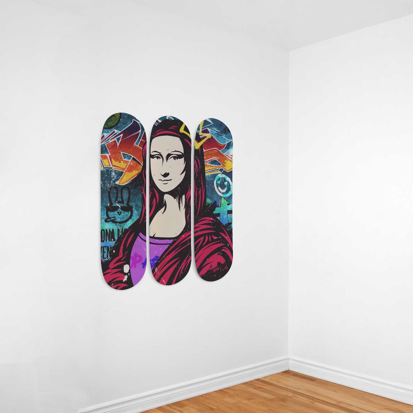 Mona Lisa Banksy | Wall Art - Mona Lisa Painting Inspired | Banksy inspired | 3 Piece Skateboard Wall Art, Deck Art | Wall Hanging Decor