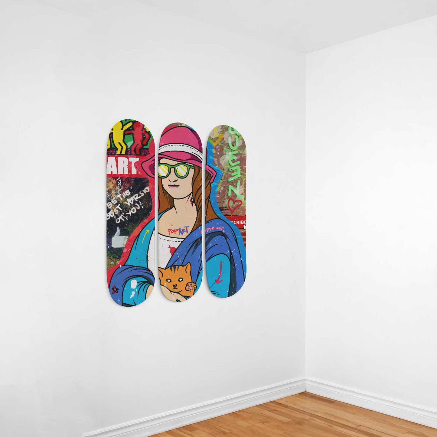 Mona Lisa Pop Art | Pop Art Wall Art - Mona Lisa Painting Inspired | 3 Piece Skateboard Wall Art, Deck Art | Wall Hanging Decor | Custom Painted Wall Art