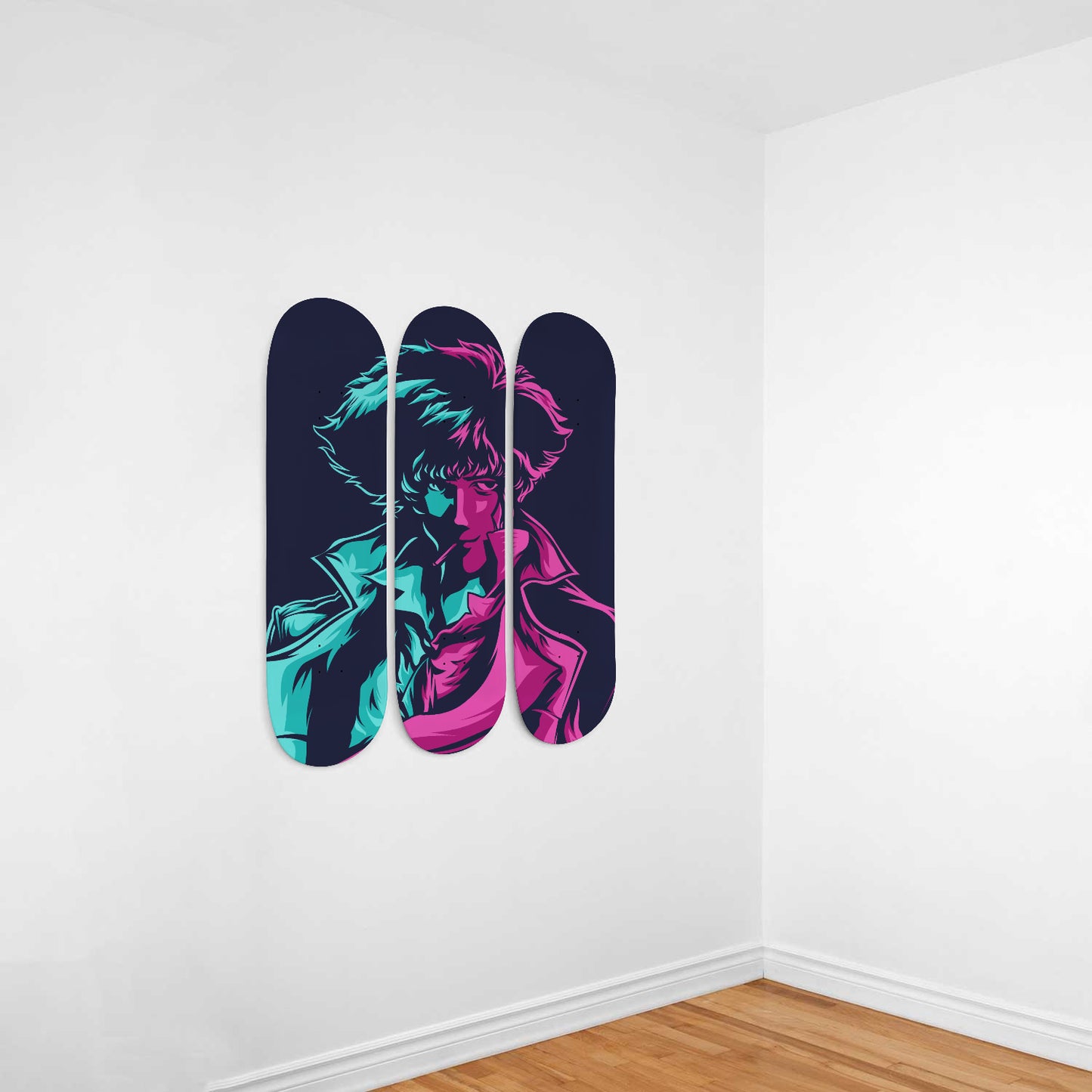 Spike Spiegel With Cigarette | Wall Art -Cowboy Bebop Inspired | Japanese Neo-Noir Science Fiction Anime Series Inspired | 3 Piece Skateboard Wall Art, Deck Art | Wall Hanging Decor | Custom Painted Wall Art
