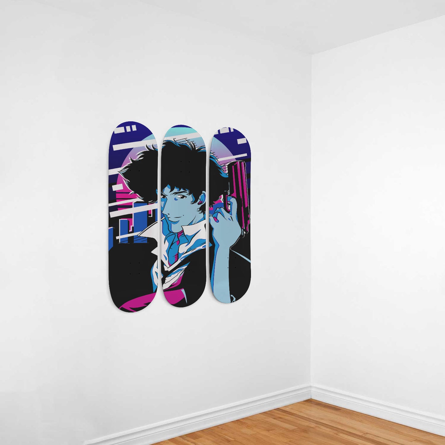 Spike Spiegel With Gun | Wall Art -Cowboy Bebop Inspired | Japanese Neo Noir Science Fiction Anime Inspired | 3 Piece Skateboard Wall Art, Deck Art | Wall Hanging Decor | Custom Painted Wall Art