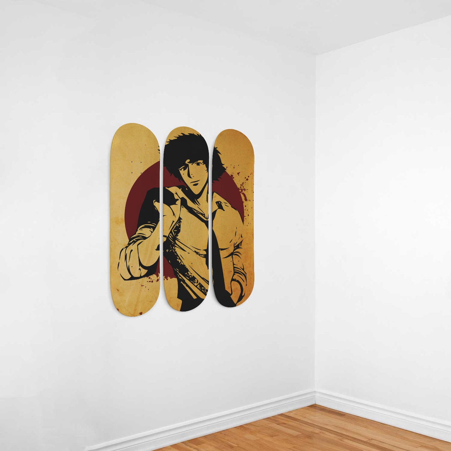 Spike Spiegel Portrait | Wall Art -Cowboy Bebop Inspired | Japanese Neo Noir Science Fiction Anime Inspired | 3 Piece Skateboard Wall Art, Deck Art | Wall Hanging Decor | Custom Painted Wall Art
