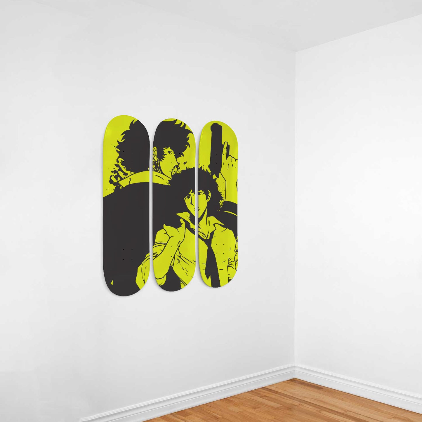Spike Spiegel In Neon Green  | Wall Art -Cowboy Bebop Inspired | Japanese Neo Noir Science Fiction Anime Inspired | 3 Piece Skateboard Wall Art, Deck Art | Wall Hanging Decor | Custom Painted Wall Art