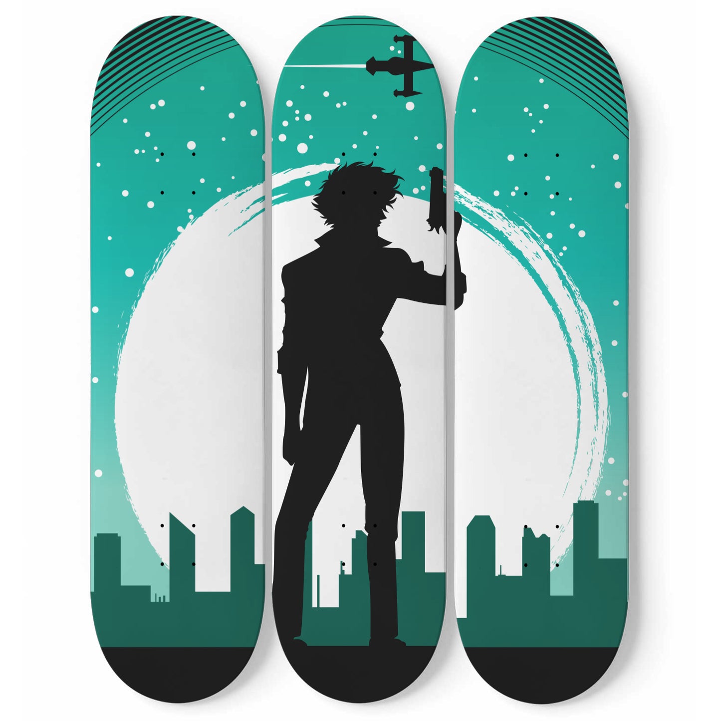 Spike Spiegel In The City  | Wall Art -Cowboy Bebop Inspired | Japanese Neo Noir Science Fiction Anime Inspired | 3 Piece Skateboard Wall Art, Deck Art | Wall Hanging Decor | Custom Painted Wall Art