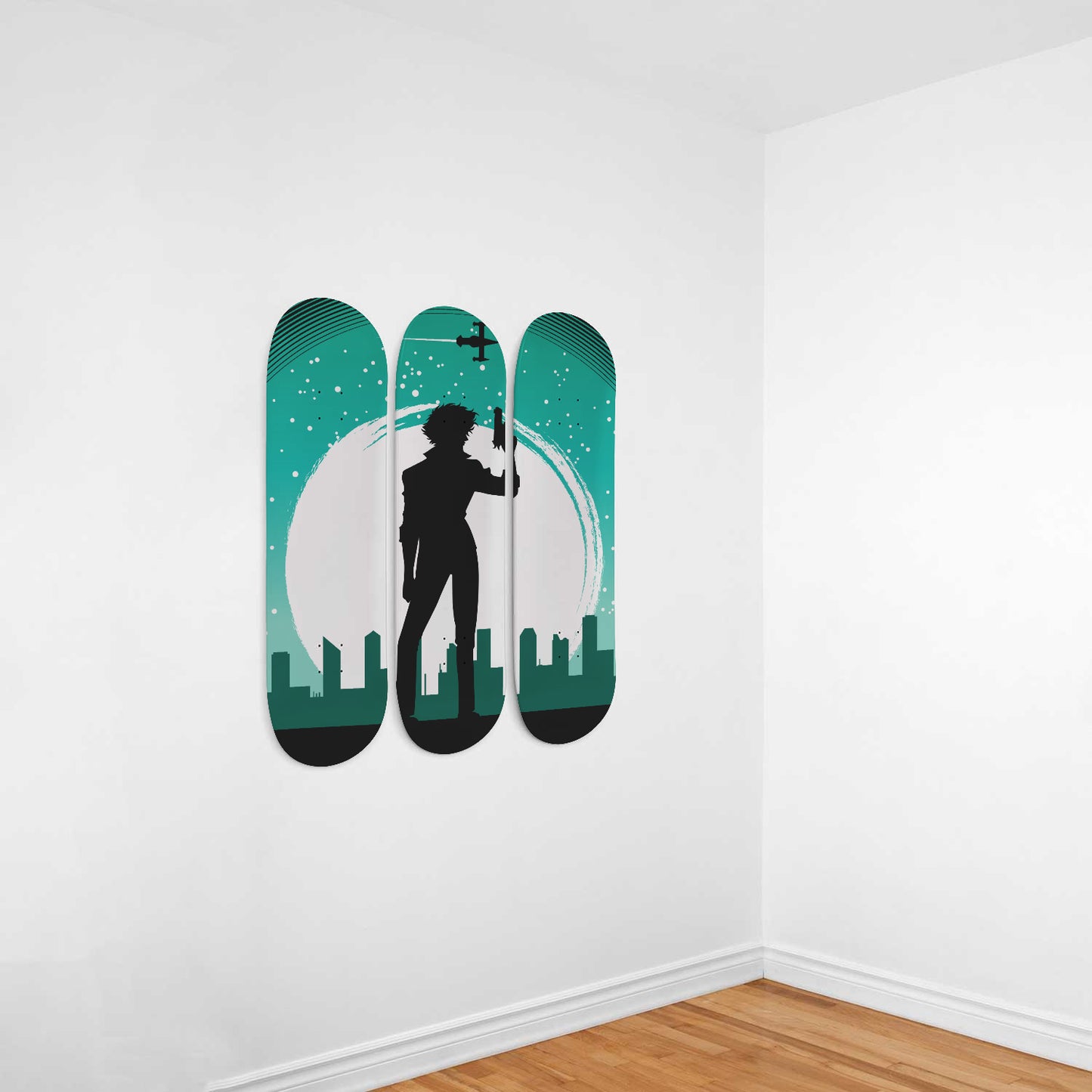 Spike Spiegel In The City  | Wall Art -Cowboy Bebop Inspired | Japanese Neo Noir Science Fiction Anime Inspired | 3 Piece Skateboard Wall Art, Deck Art | Wall Hanging Decor | Custom Painted Wall Art
