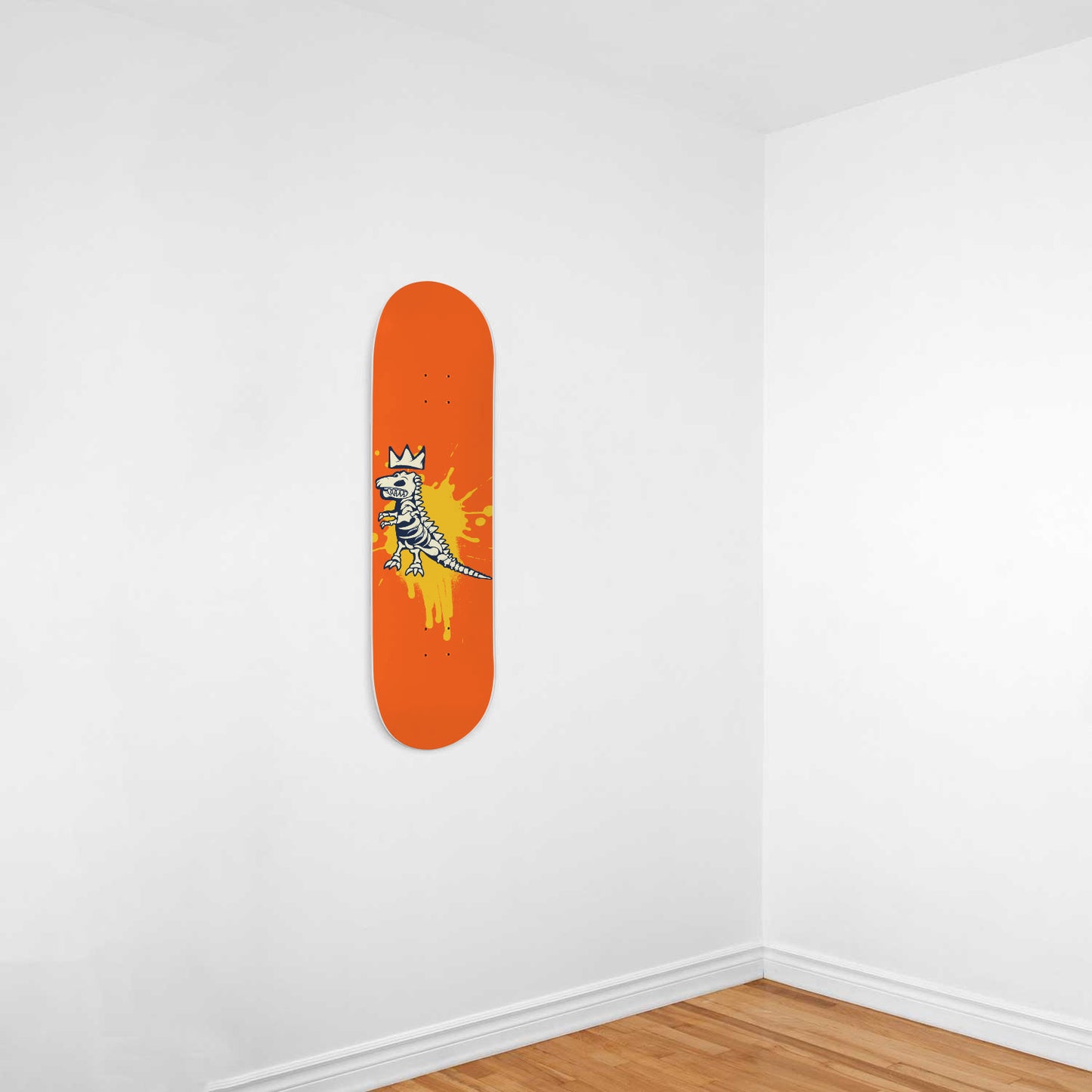Dino on Splash Orange | Wall Art -Punky Dino | Dinosaur Inspired | 1 Piece Skateboard Wall Art, Deck Art | Wall Hanging Decor | Custom Printed Wall Art