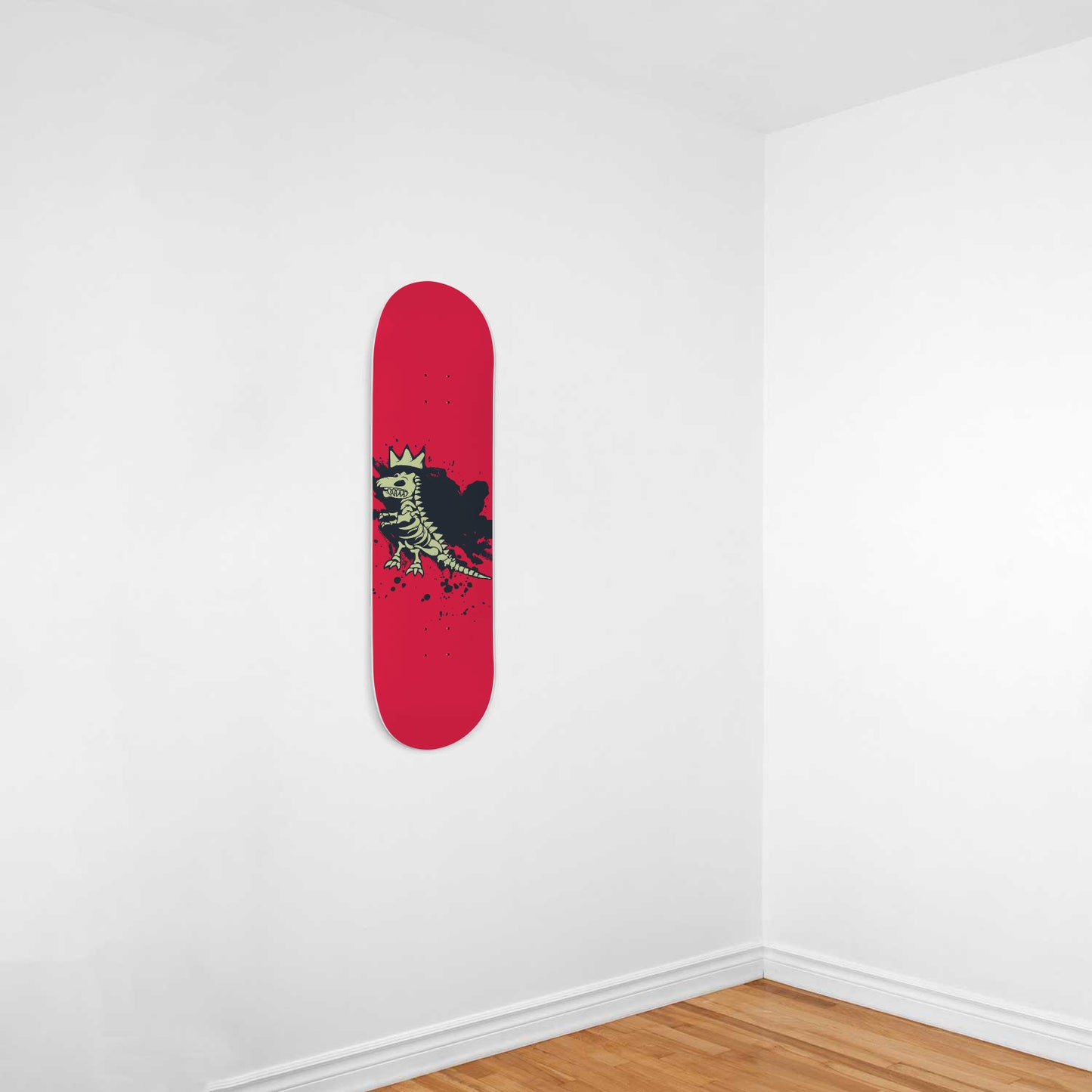 Dino Skeleton on Red | Wall Art -Punky Dino | Dinosaur Inspired | 1 Piece Skateboard Wall Art, Deck Art | Wall Hanging Decor | Custom Printed Wall Art