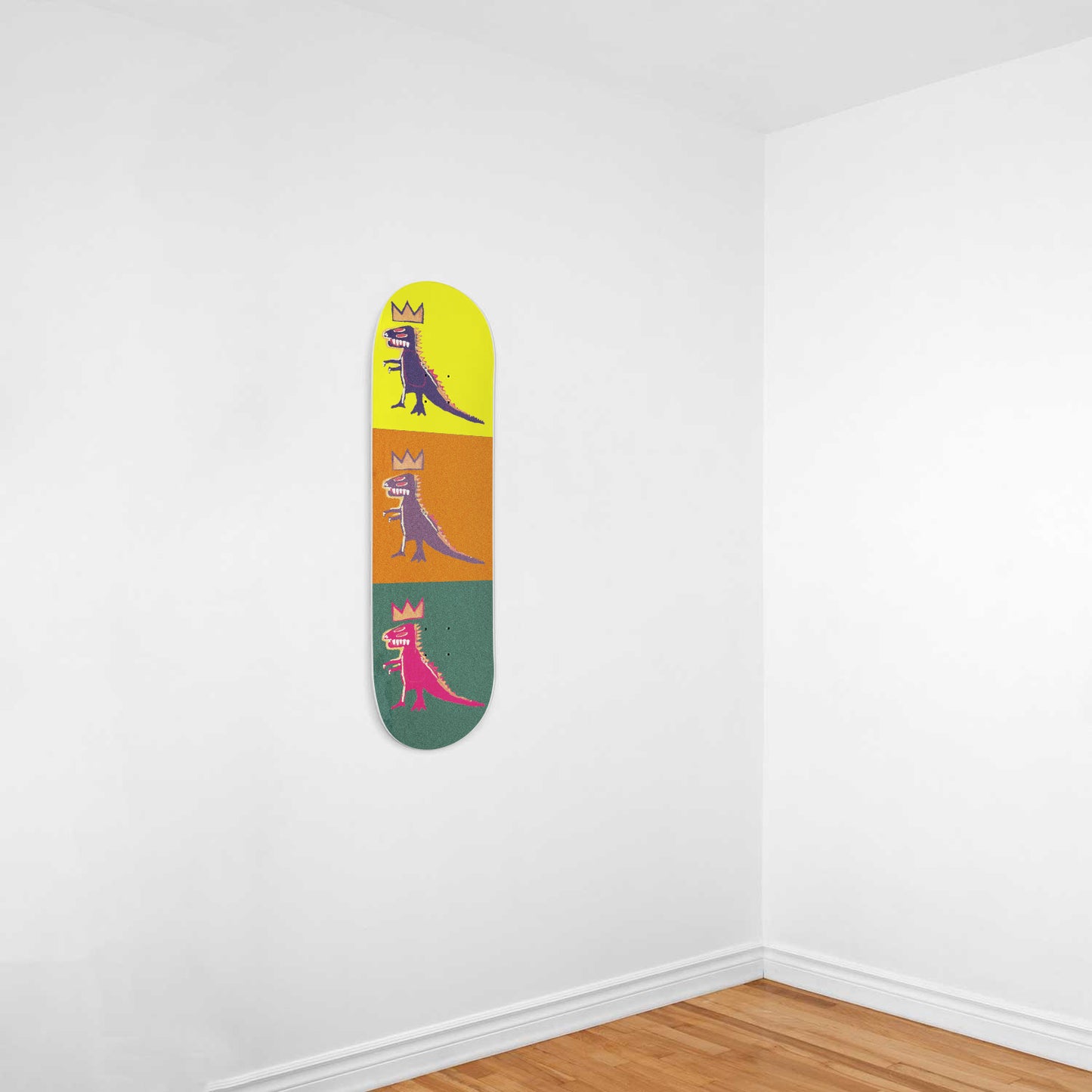 Dinos on Yellow, Orange & Green | Wall Art -Punky Dino | Dinosaur Inspired | 1 Piece Skateboard Wall Art, Deck Art | Wall Hanging Decor | Custom Printed Wall Art