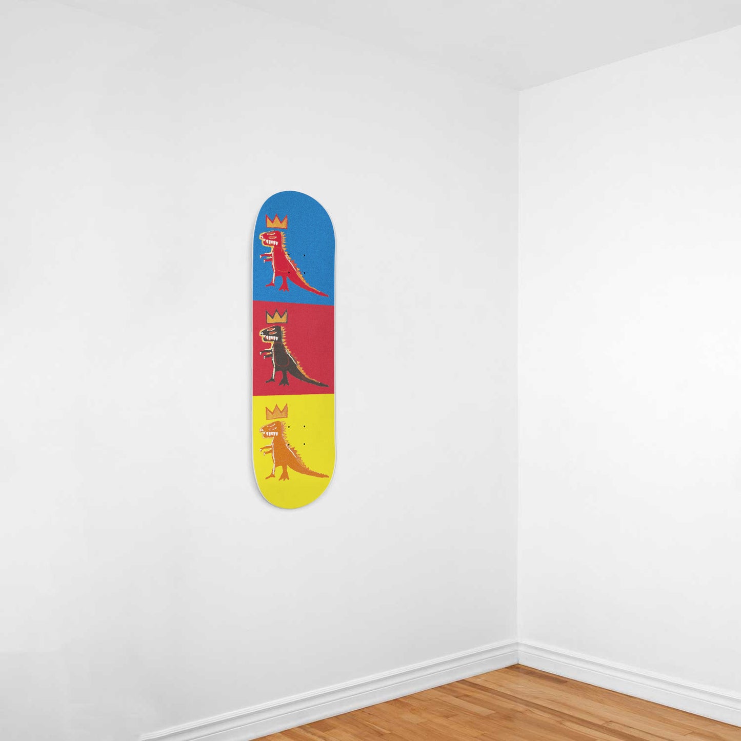 Dinos on Blue, Red & Yellow | Wall Art -Punky Dino | Dinosaur Inspired | 1 Piece Skateboard Wall Art, Deck Art | Wall Hanging Decor | Custom Printed Wall Art