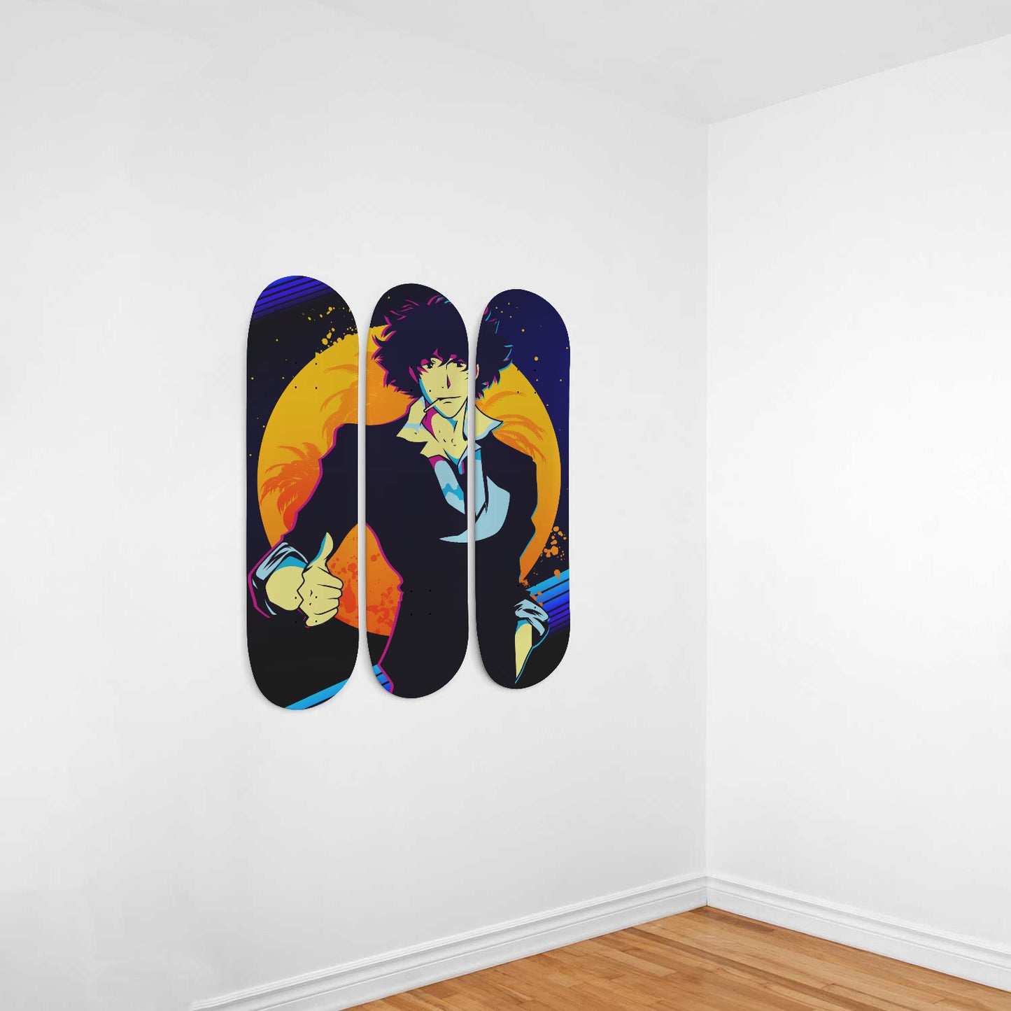 Spike Spiegel and the Moon  | Wall Art -Cowboy Bebop Inspired | Japanese Neo Noir Science Fiction Anime Inspired | 3 Piece Skateboard Wall Art, Deck Art | Wall Hanging Decor | Custom Painted Wall Art