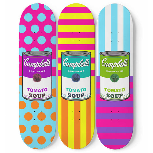 Andy Warhol Inspired - Campbell Soup | Colorful Polka Dots and Stripes - 3-piece Skateboard Wall Art | Aesthetic Vintage Style Wall Art | Inspired Art