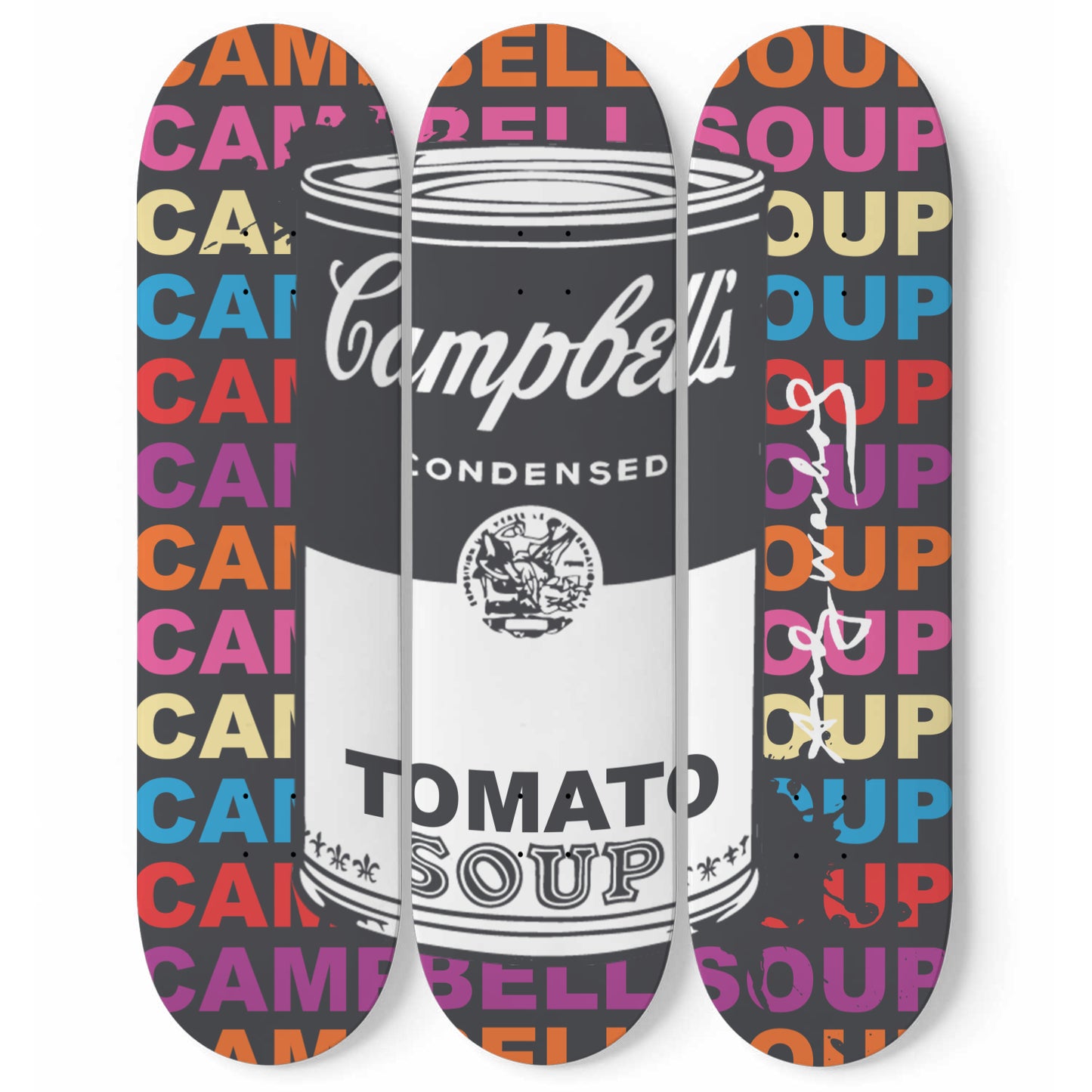 Andy Warhol Inspired - Campbell Soup | Colorful Letters - 3-piece Skateboard Wall Art | Aesthetic Vintage Style Wall Art | Inspired Art