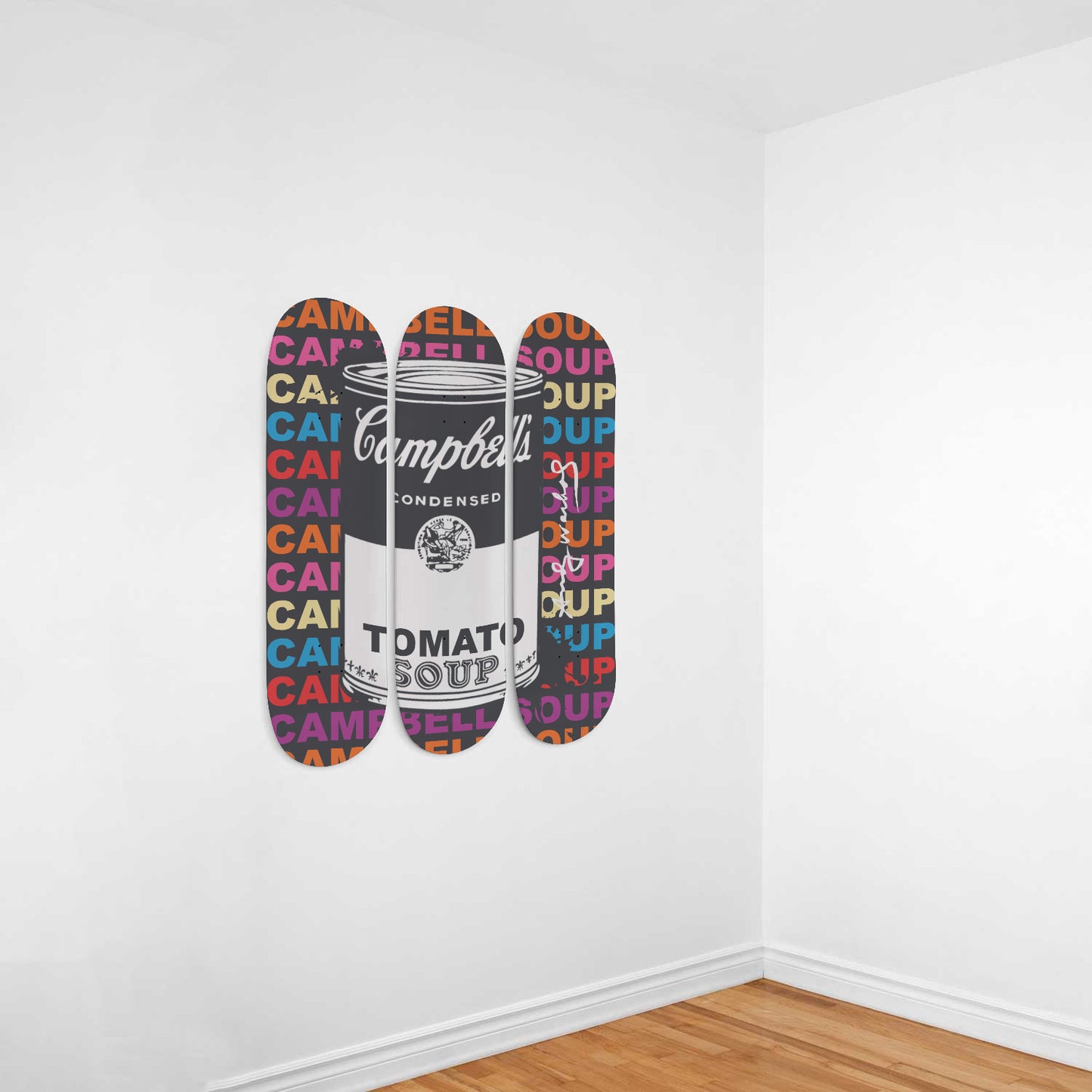 Andy Warhol Inspired - Campbell Soup | Colorful Letters - 3-piece Skateboard Wall Art | Aesthetic Vintage Style Wall Art | Inspired Art