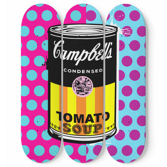 Andy Warhol Inspired - Campbell Soup | Purple, Blue & Pink Polka Dots  - 3-piece Skateboard Wall Art | Aesthetic Vintage Style Wall Art | Inspired Art