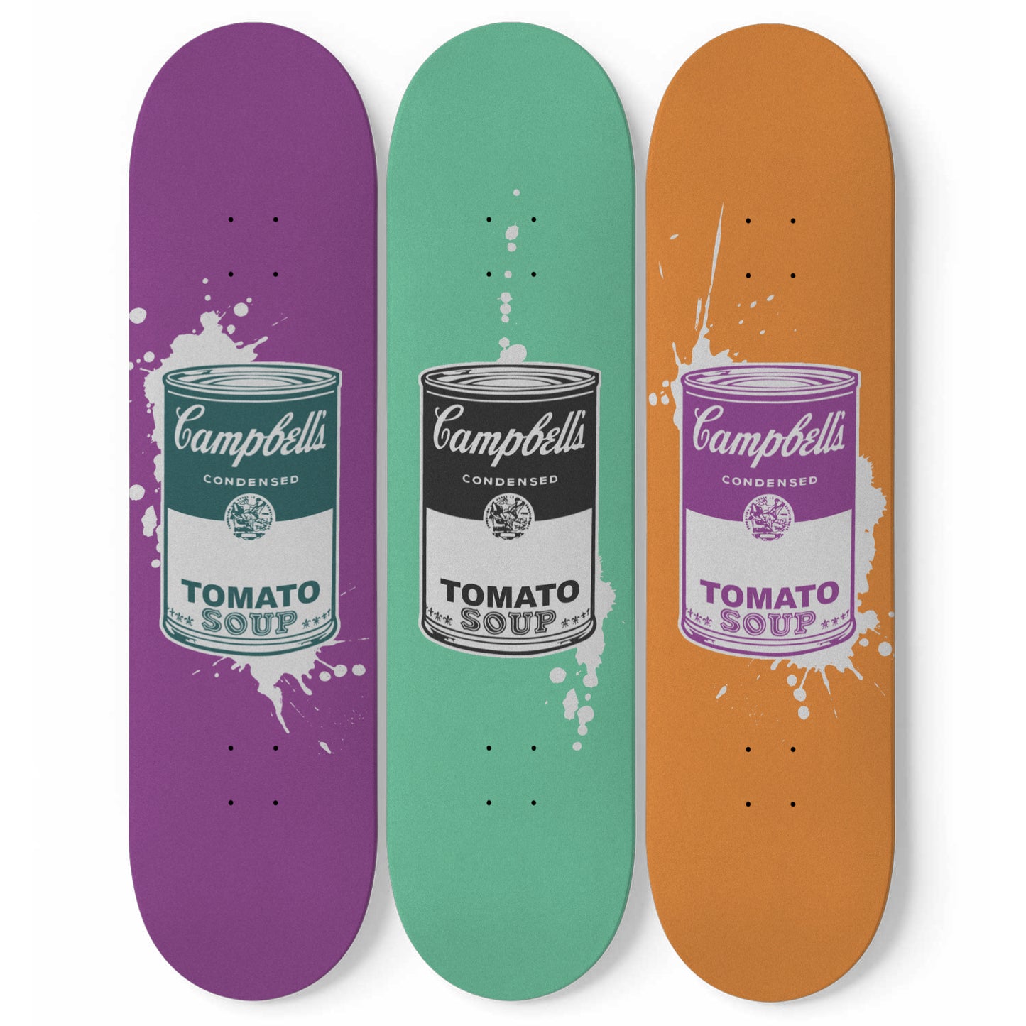 Andy Warhol Inspired - Campbell Soup | Purple, Green & Orange - 3-piece Skateboard Wall Art | Aesthetic Vintage Style Wall Art | Inspired Art