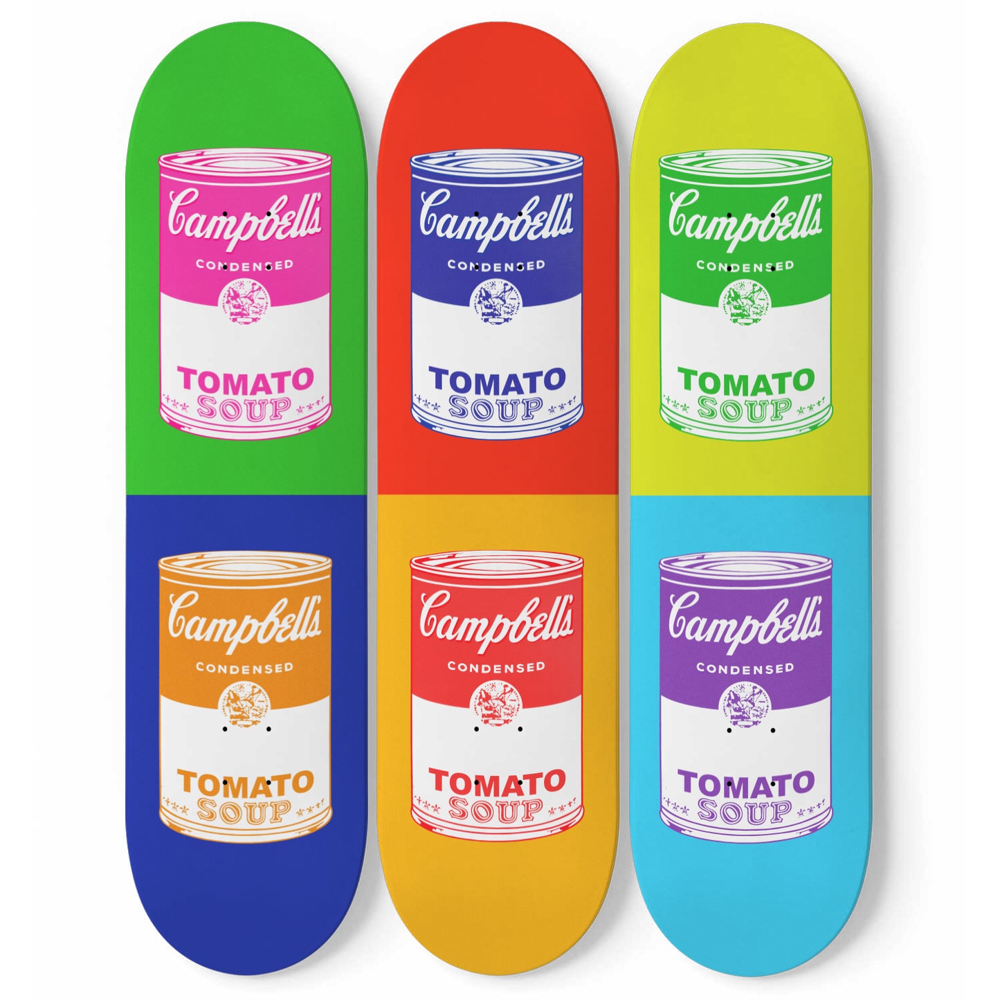 Andy Warhol Inspired - Campbell Soup | Colorful Cans - 3-piece Skateboard Wall Art | Aesthetic Vintage Style Wall Art | Inspired Art